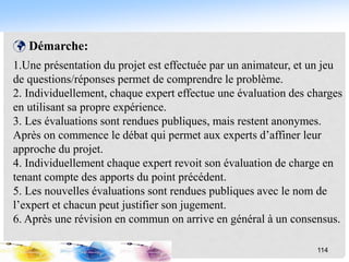  Démarche:
1.Une présentation du projet est effectuée par un animateur, et un jeu
de questions/réponses permet de comprendre le problème.
2. Individuellement, chaque expert effectue une évaluation des charges
en utilisant sa propre expérience.
3. Les évaluations sont rendues publiques, mais restent anonymes.
Après on commence le débat qui permet aux experts d’affiner leur
approche du projet.
4. Individuellement chaque expert revoit son évaluation de charge en
tenant compte des apports du point précédent.
5. Les nouvelles évaluations sont rendues publiques avec le nom de
l’expert et chacun peut justifier son jugement.
6. Après une révision en commun on arrive en général à un consensus.
114
 