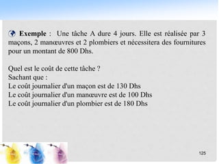 125
 Exemple : Une tâche A dure 4 jours. Elle est réalisée par 3
maçons, 2 manœuvres et 2 plombiers et nécessitera des fournitures
pour un montant de 800 Dhs.
Quel est le coût de cette tâche ?
Sachant que :
Le coût journalier d'un maçon est de 130 Dhs
Le coût journalier d'un manœuvre est de 100 Dhs
Le coût journalier d'un plombier est de 180 Dhs
 