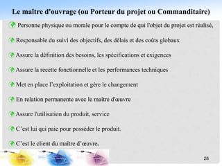 Le maître d'ouvrage (ou Porteur du projet ou Commanditaire)
 Personne physique ou morale pour le compte de qui l'objet du projet est réalisé,
 Responsable du suivi des objectifs, des délais et des coûts globaux
 Assure la définition des besoins, les spécifications et exigences
 Assure la recette fonctionnelle et les performances techniques
 Met en place l’exploitation et gère le changement
 En relation permanente avec le maître d'œuvre
 Assure l'utilisation du produit, service
 C’est lui qui paie pour posséder le produit.
 C’est le client du maître d’œuvre.
28
 