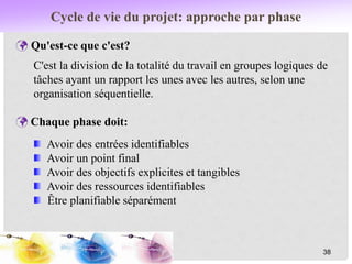 Cycle de vie du projet: approche par phase
 Qu'est-ce que c'est?
C'est la division de la totalité du travail en groupes logiques de
tâches ayant un rapport les unes avec les autres, selon une
organisation séquentielle.
 Chaque phase doit:
Avoir des entrées identifiables
Avoir un point final
Avoir des objectifs explicites et tangibles
Avoir des ressources identifiables
Être planifiable séparément
38
 