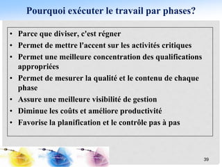 Pourquoi exécuter le travail par phases?
39
• Parce que diviser, c'est régner
• Permet de mettre l'accent sur les activités critiques
• Permet une meilleure concentration des qualifications
appropriées
• Permet de mesurer la qualité et le contenu de chaque
phase
• Assure une meilleure visibilité de gestion
• Diminue les coûts et améliore productivité
• Favorise la planification et le contrôle pas à pas
 