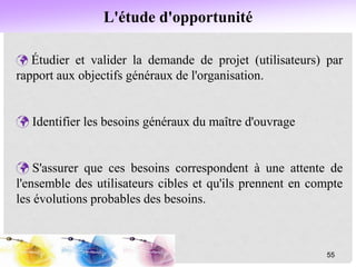 L'étude d'opportunité
 Étudier et valider la demande de projet (utilisateurs) par
rapport aux objectifs généraux de l'organisation.
 Identifier les besoins généraux du maître d'ouvrage
 S'assurer que ces besoins correspondent à une attente de
l'ensemble des utilisateurs cibles et qu'ils prennent en compte
les évolutions probables des besoins.
55
 