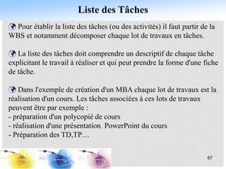 Liste des Tâches
 Pour établir la liste des tâches (ou des activités) il faut partir de la
WBS et notamment décomposer chaque lot de travaux en tâches.
 La liste des tâches doit comprendre un descriptif de chaque tâche
explicitant le travail à réaliser et qui peut prendre la forme d'une fiche
de tâche.
 Dans l'exemple de création d'un MBA chaque lot de travaux est la
réalisation d'un cours. Les tâches associées à ces lots de travaux
peuvent être par exemple :
- préparation d'un polycopié de cours
- réalisation d'une présentation PowerPoint du cours
- Préparation des TD,TP…
67
 