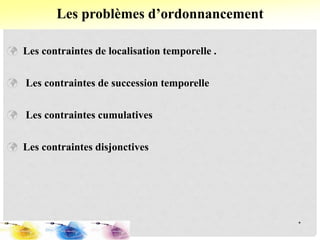  Les contraintes de localisation temporelle .
 Les contraintes de succession temporelle
 Les contraintes cumulatives
 Les contraintes disjonctives
Les problèmes d’ordonnancement
*
 