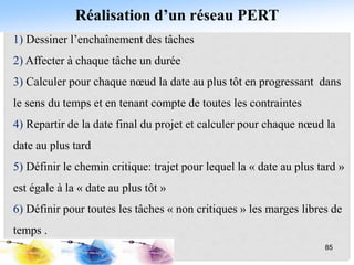 Réalisation d’un réseau PERT
1) Dessiner l’enchaînement des tâches
2) Affecter à chaque tâche un durée
3) Calculer pour chaque nœud la date au plus tôt en progressant dans
le sens du temps et en tenant compte de toutes les contraintes
4) Repartir de la date final du projet et calculer pour chaque nœud la
date au plus tard
5) Définir le chemin critique: trajet pour lequel la « date au plus tard »
est égale à la « date au plus tôt »
6) Définir pour toutes les tâches « non critiques » les marges libres de
temps .
85
 