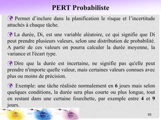 PERT Probabiliste
 Permet d’inclure dans la planification le risque et l’incertitude
attachés à chaque tâche.
 La durée, Di, est une variable aléatoire, ce qui signifie que Di
peut prendre plusieurs valeurs, selon une distribution de probabilité.
A partir de ces valeurs on pourra calculer la durée moyenne, la
variance et l'écart type.
 Dire que la durée est incertaine, ne signifie pas qu'elle peut
prendre n'importe quelle valeur, mais certaines valeurs connues avec
plus ou moins de précision.
 Exemple: une tâche réalisée normalement en 6 jours mais selon
quelques conditions, la durée sera plus courte ou plus longue, tout
en restant dans une certaine fourchette, par exemple entre 4 et 9
jours.
93
 