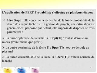 L’application de PERT Probabiliste s’effectue en plusieurs étapes:
 1ère étape : elle concerne la recherche de la loi de probabilité de la
durée de chaque tâche Ti. En gestion de projets, une estimation est
généralement proposée par défaut, elle suppose de disposer de trois
paramètres :
 La durée optimiste de la tâche Ti : Dopt(Ti) : tout se déroule au
mieux (voire mieux que prévu).
 La durée pessimiste de la tâche Ti : Dpes(Ti) : tout se déroule au
plus mal
 La durée vraisemblable de la tâche Ti : Dvra(Ti) : valeur normale de
la tâche
*
 