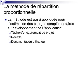 La méthode de répartition
proportionnelle
 La méthode est aussi appliquée pour
l ’estimation des charges complémentaires
au développement de l ’application
Tâche d’encadrement de projet
Recette
Documentation utilisateur
 