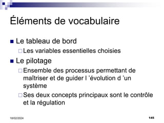145
18/02/2024
Éléments de vocabulaire
 Le tableau de bord
Les variables essentielles choisies
 Le pilotage
Ensemble des processus permettant de
maîtriser et de guider l ’évolution d ’un
système
Ses deux concepts principaux sont le contrôle
et la régulation
 