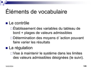 146
18/02/2024
Éléments de vocabulaire
 Le contrôle
Établissement des variables du tableau de
bord + plages de valeurs admissibles
Détermination des moyens d ’action pouvant
faire varier les résultats
 La régulation
Vise à maintenir le système dans les limites
des valeurs admissibles désignées (le suivi).
 