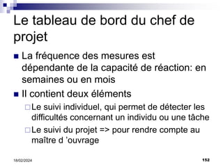 152
18/02/2024
Le tableau de bord du chef de
projet
 La fréquence des mesures est
dépendante de la capacité de réaction: en
semaines ou en mois
 Il contient deux éléments
Le suivi individuel, qui permet de détecter les
difficultés concernant un individu ou une tâche
Le suivi du projet => pour rendre compte au
maître d ’ouvrage
 