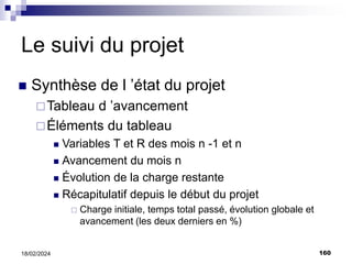 160
18/02/2024
Le suivi du projet
 Synthèse de l ’état du projet
Tableau d ’avancement
Éléments du tableau
 Variables T et R des mois n -1 et n
 Avancement du mois n
 Évolution de la charge restante
 Récapitulatif depuis le début du projet
 Charge initiale, temps total passé, évolution globale et
avancement (les deux derniers en %)
 