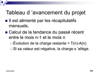 163
18/02/2024
Tableau d ’avancement du projet
 Il est alimenté par les récapitulatifs
mensuels.
 Calcul de la tendance du passé récent
entre le mois n-1 et le mois n
Évolution de la charge restante = T(n)-A(n)
Si sa valeur est négative, la charge s ’allège.
 