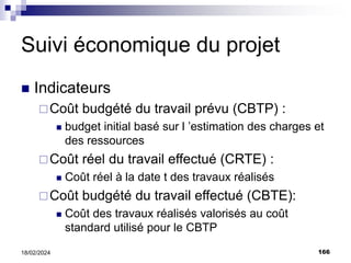 166
18/02/2024
Suivi économique du projet
 Indicateurs
Coût budgété du travail prévu (CBTP) :
 budget initial basé sur l ’estimation des charges et
des ressources
Coût réel du travail effectué (CRTE) :
 Coût réel à la date t des travaux réalisés
Coût budgété du travail effectué (CBTE):
 Coût des travaux réalisés valorisés au coût
standard utilisé pour le CBTP
 