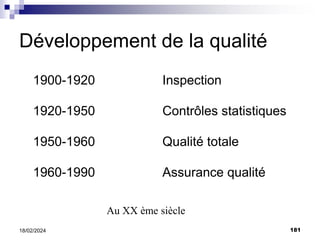 181
18/02/2024
Développement de la qualité
1900-1920 Inspection
1920-1950 Contrôles statistiques
1950-1960 Qualité totale
1960-1990 Assurance qualité
Au XX ème siècle
 