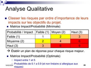48
18/02/2024
Analyse Qualitative
 Classer les risques par ordre d’importance de leurs
impacts sur les objectifs du projet.
 Matrice Impact/Probabilité (Minimale)
 Établir un plan de réponse pour chaque risque majeur.
 Matrice Impact/Probabilité (Optimale)
 Impact entre 1 et 5
 Probabilités de 0.1 a 0.9 (et non linéaire si allergique aux
risques)
Probabilité / Impact Faible (1) Moyen (2) Haut (3)
Faible (1) 1 2 3
Moyenne (2) 2 4 6
Haut (3) 3 6 9
 