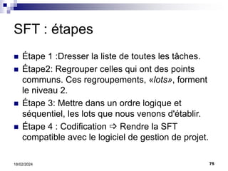 75
18/02/2024
SFT : étapes
 Étape 1 :Dresser la liste de toutes les tâches.
 Étape2: Regrouper celles qui ont des points
communs. Ces regroupements, «lots», forment
le niveau 2.
 Étape 3: Mettre dans un ordre logique et
séquentiel, les lots que nous venons d'établir.
 Étape 4 : Codification  Rendre la SFT
compatible avec le logiciel de gestion de projet.
 