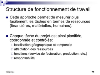 76
18/02/2024
Structure de fonctionnement de travail
 Cette approche permet de mesurer plus
facilement les tâches en termes de ressources
(financières, matérielles, humaines).
 Chaque tâche du projet est ainsi planifiée,
coordonnée et contrôlée:
 localisation géographique et temporelle
 affectation des ressources
 fonctions (service de facturation, production; etc.)
 responsabilité
 