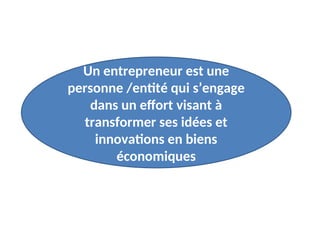 Un entrepreneur est une
personne /entité qui s’engage
dans un effort visant à
transformer ses idées et
innovations en biens
économiques
 