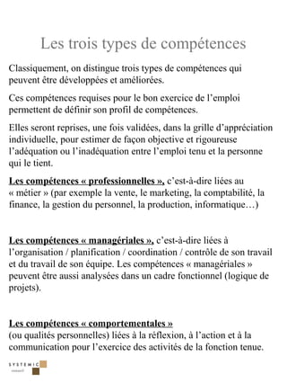 Les trois types de compétences
Classiquement, on distingue trois types de compétences qui
peuvent être développées et améliorées.
Ces compétences requises pour le bon exercice de l’emploi
permettent de définir son profil de compétences.
Elles seront reprises, une fois validées, dans la grille d’appréciation
individuelle, pour estimer de façon objective et rigoureuse
l’adéquation ou l’inadéquation entre l’emploi tenu et la personne
qui le tient.
Les compétences « professionnelles », c’est-à-dire liées au
« métier » (par exemple la vente, le marketing, la comptabilité, la
finance, la gestion du personnel, la production, informatique…)


Les compétences « managériales », c’est-à-dire liées à
l’organisation / planification / coordination / contrôle de son travail
et du travail de son équipe. Les compétences « managériales »
peuvent être aussi analysées dans un cadre fonctionnel (logique de
projets).


Les compétences « comportementales »
(ou qualités personnelles) liées à la réflexion, à l’action et à la
communication pour l’exercice des activités de la fonction tenue.

                                                                          11
 