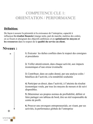 COMPETENCE CLE 1:
            ORIENTATION / PERFORMANCE

Définition:
De façon à assurer la pérennité et la croissance de l’entreprise, capacité à
influencer le résultat financier (marge nette, part de marché, maîtrise des coûts),
en se fixant et atteignant des objectifs ambitieux et en optimisant les moyens et
les ressources dans le respect de la qualité du service au client.


Niveaux :
      -               1. Exécuter les tâches confiées dans le respect des consignes
                      et procédures


                      2. Veiller attentivement, dans chaque activité, aux impacts
                      économiques d’une erreur éventuelle

                      3. Contribuer, dans un cadre donné, par une analyse coûts /
                      bénéfices de l’activité, à la rentabilité souhaitée

                      4. Participer en direct, dans l’activité, à l’atteinte du résultat
                      économique voulu, par tous les moyens de mesure et de suivi
                      disponibles.
                      5. Déterminer ses propres normes de profitabilité, définir et
                      faire partager son tableau de bord, être un réel responsable de
                      centre de profit.

                      6. Prouver une envergure entrepreneuriale, en visant, par ses
                      activités, la performance globale de l’entreprise
   +

                                                                                           25
 