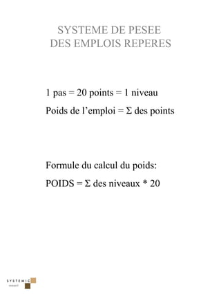 SYSTEME DE PESEE
 DES EMPLOIS REPERES



1 pas = 20 points = 1 niveau
Poids de l’emploi = Σ des points




Formule du calcul du poids:
POIDS = Σ des niveaux * 20




                                   32
 