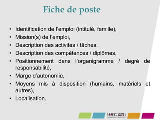 Fiche de poste
• Identification de l’emploi (intitulé, famille),
• Mission(s) de l’emploi,
• Description des activités / tâches,
• Description des compétences / diplômes,
• Positionnement dans l’organigramme / degré de
responsabilité,
• Marge d’autonomie,
• Moyens mis à disposition (humains, matériels et
autres),
• Localisation.
 