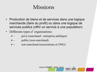Annie CORNET - EAA - ULG 3
Missions
• Production de biens et de services dans une logique
marchande (faire du profit) ou dans une logique de
services publics (offrir un service à une population)
• Différents types d’organisations:
 - privé (marchand / entreprise publique)
 - public (non-marchand)
 - non-marchand (associations et ONG)
 