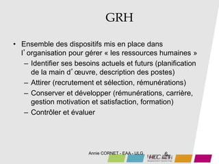 Annie CORNET - EAA - ULG 6
GRH
• Ensemble des dispositifs mis en place dans
l’organisation pour gérer « les ressources humaines »
– Identifier ses besoins actuels et futurs (planification
de la main d’œuvre, description des postes)
– Attirer (recrutement et sélection, rémunérations)
– Conserver et développer (rémunérations, carrière,
gestion motivation et satisfaction, formation)
– Contrôler et évaluer
 