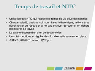 Temps de travail et NTIC
• Utilisation des NTIC qui respecte le temps de vie privé des salariés.
• Chaque salarié, quelque soit son niveau hiérarchique, veillera à se
déconnecter du réseau et à ne pas envoyer de courriel en dehors
des heures de travail.
• Le salarié dispose d’un droit de déconnexion.
• Un suivi spécifique et régulier des flux d’e-mails sera mis en place.
• AREVA_20120531_Accord QVT.pdf.
 