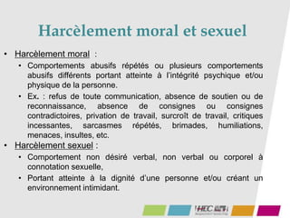 Harcèlement moral et sexuel
76
• Harcèlement moral :
• Comportements abusifs répétés ou plusieurs comportements
abusifs différents portant atteinte à l’intégrité psychique et/ou
physique de la personne.
• Ex. : refus de toute communication, absence de soutien ou de
reconnaissance, absence de consignes ou consignes
contradictoires, privation de travail, surcroît de travail, critiques
incessantes, sarcasmes répétés, brimades, humiliations,
menaces, insultes, etc.
• Harcèlement sexuel :
• Comportement non désiré verbal, non verbal ou corporel à
connotation sexuelle,
• Portant atteinte à la dignité d’une personne et/ou créant un
environnement intimidant.
 
