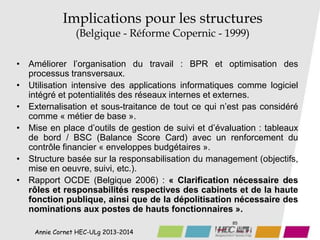 Annie Cornet HEC-ULg 2013-2014
85
Implications pour les structures
(Belgique - Réforme Copernic - 1999)
• Améliorer l’organisation du travail : BPR et optimisation des
processus transversaux.
• Utilisation intensive des applications informatiques comme logiciel
intégré et potentialités des réseaux internes et externes.
• Externalisation et sous-traitance de tout ce qui n’est pas considéré
comme « métier de base ».
• Mise en place d’outils de gestion de suivi et d’évaluation : tableaux
de bord / BSC (Balance Score Card) avec un renforcement du
contrôle financier « enveloppes budgétaires ».
• Structure basée sur la responsabilisation du management (objectifs,
mise en oeuvre, suivi, etc.).
• Rapport OCDE (Belgique 2006) : « Clarification nécessaire des
rôles et responsabilités respectives des cabinets et de la haute
fonction publique, ainsi que de la dépolitisation nécessaire des
nominations aux postes de hauts fonctionnaires ».
 