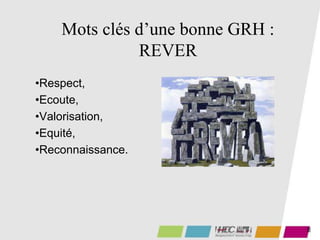 88
Mots clés d’une bonne GRH :
REVER
•Respect,
•Ecoute,
•Valorisation,
•Equité,
•Reconnaissance.
 