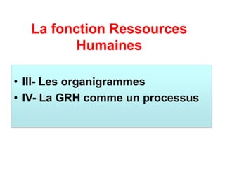 La fonction Ressources
Humaines
• III- Les organigrammes
• IV- La GRH comme un processus
 