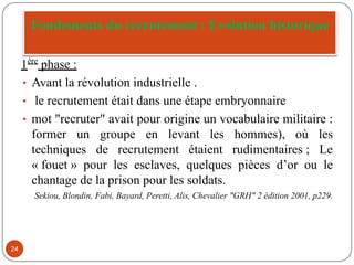 Fondements du recrutement : Evolution historique
1ère
phase :
• Avant la révolution industrielle .
• le recrutement était dans une étape embryonnaire
• mot "recruter" avait pour origine un vocabulaire militaire :
former un groupe en levant les hommes), où les
techniques de recrutement étaient rudimentaires ; Le
« fouet » pour les esclaves, quelques pièces d’or ou le
chantage de la prison pour les soldats.
Sekiou, Blondin, Fabi, Bayard, Peretti, Alis, Chevalier "GRH" 2 édition 2001, p229.
24
 