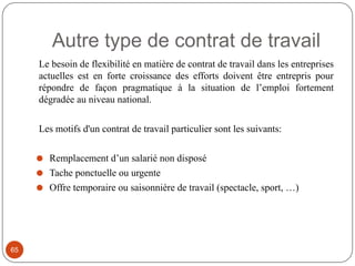 Autre type de contrat de travail
65
Le besoin de flexibilité en matière de contrat de travail dans les entreprises
actuelles est en forte croissance des efforts doivent être entrepris pour
répondre de façon pragmatique à la situation de l’emploi fortement
dégradée au niveau national.
Les motifs d'un contrat de travail particulier sont les suivants:
⚫ Remplacement d’un salarié non disposé
⚫ Tache ponctuelle ou urgente
⚫ Offre temporaire ou saisonnière de travail (spectacle, sport, …)
 