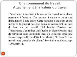 Environnement du travail:
Attachement à la valeur du travail
68
L'attachement accordé à la valeur du travail varie d'une
personne à 'autre et d'un groupe à un autre ou encore
d'une nation à une autre. Cette variante a toujours existé
même si la plupart des être humains consacrent un tiers
de leur vie au travail. Nul besoin d'insister sur
l'importance d'en retirer satisfaction et bien être ainsi que
de retrouver dans un monde idéal où le travail serait une
source perpétuelle de défis José Martin, "le bien être au
travail, une question de climat" Secrétaire moderne, sept
1990, p10-11.
 