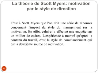 La théorie de Scott Myers: motivation
par le style de direction
79
C'est à Scott Myers que l'on doit une série de réponses
concernant l'impact du style du management sur la
motivation. En effet, celui-ci a effectué une enquête sur
un millier de cadres. L'expérience a montré qu'après le
contenu du travail, c'est le style de commandement qui
est la deuxième source de motivation.
 
