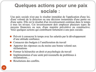 Quelques actions pour une paix
sociale :
88
Une paix sociale n'est pas le résultat immédiat de l'application d'une loi,
d'une volonté de la direction ou une décision instantanée d'une partie ou
d'une autre. Elle est le résultat d'un investissement continue dans le temps
à tous les nivaux. Cet investissement doit employer plusieurs types de
moyens financiers ou non, d'une manière préventive ou constructive.
Voici quelques actions qui contribuent fortement à une paix sociale:
⚫ Prévoir à consacrer le temps avec les salariés par le développement
d’une attitude confiance.
⚫ Consacrer des budgets à l’amélioration du travail
⚫ Apporter des réponses ou du moins une bonne volonté aux
réclamations
⚫ Former la hiérarchie en droit et psychologie du travail
⚫ Implémentation d’une unité prévisionnelle de problèmes à
réclamations…
⚫ Résolutions des conflits.
 
