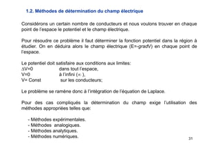 31
Considérons un certain nombre de conducteurs et nous voulons trouver en chaque
point de l’espace le potentiel et le champ électrique.
Pour résoudre ce problème il faut déterminer la fonction potentiel dans la région à
étudier. On en déduira alors le champ électrique (E=-gradV) en chaque point de
l’espace.
Le potentiel doit satisfaire aux conditions aux limites:
V=0 dans tout l’espace,
V=0 à l’infini ( ),
V= Const sur les conducteurs;
Le problème se ramène donc à l’intégration de l’équation de Laplace.
Pour des cas compliqués la détermination du champ exige l’utilisation des
méthodes appropriées telles que:
- Méthodes expérimentales.
- Méthodes analogiques.
- Méthodes analytiques.
- Méthodes numériques.
1.2. Méthodes de détermination du champ électrique
 