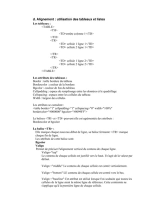 d. Alignement : utilisation des tableaux et listes
Les tableaux :
       <TABLE>
              <TH>
                       <TD>entête colonne 1</TD>
               </TH>
               <TR>
                       <TD> cellule 1 ligne 1</TD>
                       <TD> cellule 2 ligne 1</TD>

               </TR>
               <TR>
                       <TD> cellule 1 ligne 2</TD>
                       <TD> cellule 2 ligne 2</TD>
            </TR>
       </TABLE>

Les attributs des tableaux :
Border : taille bordure du tableau
Bordercolor : couleur de la bordure
Bgcolor : couleur de fon du tableau
Cellpadding : espace de remplissage entre les données et le quadrillage
Cellspacing : espace entre les cellules du tableau
Width : largeur des cellules

Les attributs se cumulent :
<table border="1" cellpadding="1" cellspacing="0" width="100%"
bordercolor="#000000" bgcolor="#0099FF">

Le balises <TR> et <TD> peuvent elle est agrémentée des attributs :
Bordercolor et bgcolor

La balise <TR> :
 Elle marque chaque nouveau début de ligne, sa balise fermante </TR> marque
 chaque fin de ligne.
 Les attributs de cette balise sont:
 Bgcolor
 Valign
  Permet de préciser l'alignement vertical du contenu de chaque ligne.
       Valign="top"
       Le contenu de chaque cellule est justifié vers le haut. Il s'agit de la valeur par
       défaut.

       Valign ="middle" Le contenu de chaque cellule est centré verticalement.

       Valign ="bottom" LE contenu de chaque cellule est centré vers le bas.

       Valign ="baseline" Cet attribut est utilisé lorsque l'on souhaite que toutes les
       cellules de la ligne aient la même ligne de référence. Cette contrainte ne
       s'applique qu'à la première ligne de chaque cellule.
 