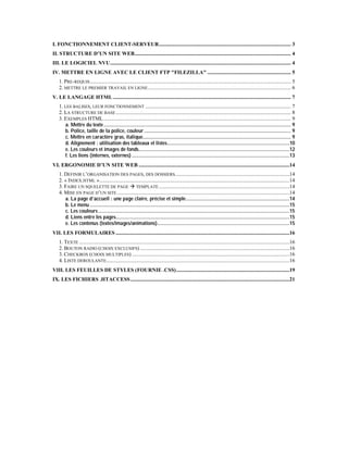 I. FONCTIONNEMENT CLIENT-SERVEUR.................................................................................................. 3
II. STRUCTURE D’UN SITE WEB.................................................................................................................... 4
III. LE LOGICIEL NVU...................................................................................................................................... 4
IV. METTRE EN LIGNE AVEC LE CLIENT FTP "FILEZILLA" .............................................................. 5
    1. PRE-REQUIS ..................................................................................................................................................... 5
    2. METTRE LE PREMIER TRAVAIL EN LIGNE .......................................................................................................... 6
V. LE LANGAGE HTML .................................................................................................................................... 7
    1. LES BALISES, LEUR FONCTIONNEMENT ............................................................................................................ 7
    2. LA STRUCTURE DE BASE .................................................................................................................................. 8
    3. EXEMPLES HTML ........................................................................................................................................... 9
        a. Mettre du texte ........................................................................................................................................... 9
        b. Police, taille de la police, couleur ............................................................................................................. 9
        c. Mettre en caractère gras, italique.............................................................................................................. 9
        d. Alignement : utilisation des tableaux et listes...........................................................................................10
        e. Les couleurs et images de fonds................................................................................................................12
        f. Les liens (internes, externes) .....................................................................................................................13
VI. ERGONOMIE D’UN SITE WEB ................................................................................................................14
    1. DEFINIR L’ORGANISATION DES PAGES, DES DOSSIERS.....................................................................................14
    2. « INDEX.HTML ».............................................................................................................................................14
    3. FAIRE UN SQUELETTE DE PAGE TEMPLATE .................................................................................................14
    4. MISE EN PAGE D’UN SITE ................................................................................................................................14
       a. La page d’accueil : une page claire, précise et simple.............................................................................14
       b. Le menu ....................................................................................................................................................15
       c. Les couleurs ..............................................................................................................................................15
       d. Liens entre les pages.................................................................................................................................15
       e. Les contenus (textes/images/animations)..................................................................................................15
VII. LES FORMULAIRES .................................................................................................................................16
    1. TEXTE ............................................................................................................................................................16
    2. BOUTON RADIO (CHOIX EXCLUSIFS) ...............................................................................................................16
    3. CHECKBOX (CHOIX MULTIPLES) .....................................................................................................................16
    4. LISTE DEROULANTE........................................................................................................................................16
VIII. LES FEUILLES DE STYLES (FOURNIE .CSS) ....................................................................................19
IX. LES FICHIERS .HTACCESS ......................................................................................................................21
 