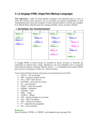 V. Le langage HTML (HyperText Markup Language)
Note importante : seules les fonctionnalités "basiques" sont présentées dans ce cours. Il
existe des fonctions plus avancées, qui ne sont hélas pas toujours standardisées et dont
l'interprétation peut varier d'un navigateur à l'autre (Internet Explorer et Firefox par exemple).
Il est difficile d'être exhaustif quant aux variantes possibles, mieux vaut donc s'abstenir.

1. les balises, leur fonctionnement
         1                       2                        3                        4
<Balise_1>              <Balise_1>               <Balise_1>               <Balise_1>
  ……                      ……                       ……                      ……
</Balise_1>               <Balise_2>               <Balise_2>               <Balise_2>
<Balise_2>                  ……                       ……                     ……
  ……                      </Balise_2>              </Balise_2>                <Balise_3>
</Balise_2>               ……                       ……                           ……
                        </Balise_1>              </Balise_1>                  </Balise_3>
                                                   ……                       ……
                                                 <Balise_3>                 </Balise_2>
                                                   ……                      ……
                                                 </Balise_3>
                                                                          </Balise_1>


Le langage HTML se décrit comme un ensemble de balises ouvrantes et fermantes qui
contiennent le contenu (texte, image, animation) et qui sont interprétées par le navigateur
client (Internet Explorer, Netscape, Mozilla, Firefox,…). L’interprétation de certaines balises
peut varier d’un navigateur à l’autre. (Ex : taille des textes)

Voici la liste des balises de bases nécessaires à la construction d’un site Web :
   • <TITLE> : titre d’une page
   • <BR> : passage à la ligne suivante
   • <H1> à <H6>: taille du texte
   • <CENTER> : pour entrer le contenu
   • <B> : caractères gras
   • <FONT> : police de caractère
   • <FORM> : formulaire
   • <FRAME> : cadre
   • <IMG> : image
   • <TABLE> : tableau
   • <TH> : légende de ligne ou de colonne
   • <TR> : ligne d’un tableau
   • <TD> : colonne d’un tableau
   • <P> : séparation des paragraphes
   • <OL> : liste numérotée

Remarque :
Seules les balises <HTML> et <BODY> sont obligatoire dans une page Web.
 