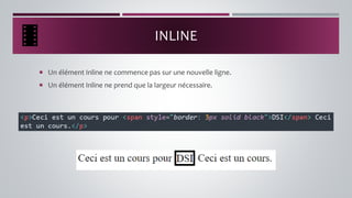 INLINE
 Un élément Inline ne commence pas sur une nouvelle ligne.
 Un élément Inline ne prend que la largeur nécessaire.
 