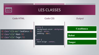 LES CLASSES
Code HTML Output
Code CSS
 