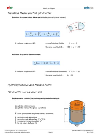 Hydraulique

Equation fluide parfait généralisé
Equation de conservation d'énergie (intégrée par une ligne de courant)

2
2
z1 + P1 + α1 ⋅ U1 = z2 + P2 + α2 ⋅ U2
2⋅g
2⋅g
ρ ⋅g
ρ ⋅g

U = vitesse moyenne = Q/S

α = coefficient de Coriolis

1 < α < 2

Domaine usuel du G.C. :

1.05 < α < 1.10

Equation de quantité de mouvement

∑F

ext

= ρ ⋅ Q ⋅ (β2 ⋅ U2 - β1 ⋅ U1)

U = vitesse moyenne = Q/S

α = coefficient de Boussinesq
Domaine usuel du G.C. :

1 < β < 1.35

β = 1.05

Hydrodynamique des fluides réels
Généralité sur la viscosité
Expérience de couette (viscosité dynamique et cinématique)

Le cylindre extérieur tourne
Le cylindre intérieur fixe grâce à une force
F : force qui empêche le cylindre intérieur de tourner
F : proportionnelle à la vitesse
F : proportionnelle à la surface (2*π*R*H)
F : inversement proportionnelle à "e"
F : lié à la nature du fluide (K)

Ecole d’ingénieurs du Canton de Vaud
Environnement construit et Géoinformation

Page 32

WILDBOLZ Antoine, FORRE Fabien
06.01.2004

 