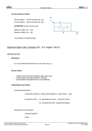 Hydraulique

Cas de plusieurs mailles
Pour la maille 1 : terme correcteur de ∆q1
Pour la maille 2 : terme correcteur de ∆q2
ATTENTION tronçon commun AB
affecte la maille 1 de - ∆q2
affecte la maille 2 de - ∆q1

Voir exemple sur feuille annexe

Hydraulique des canaux (éc. En nappe libre)
Généralité
Définitions
Il y a une surface de liquide avec un gaz (l’air à la pATM)

But de l’étude
-

relation entre forme des frontières, débit, ligne d’eau
transformation d’énergie potentiel / cinétique
particularités d’écoulement dues à des obstacles

Classification des fluides
Ecoulement permanent :
- écoulement uniforme : section transversalle (y.c. ligne d’eau) = cste
- écoulement varié : - ec. graduellement varié : courbe de remous
- ec. brusquement varié : ressaut hydraulique

Ecoulement non permanent :
- onde de transition
- houle

Ecole d’ingénieurs du Canton de Vaud
Environnement construit et Géoinformation

Page 43

WILDBOLZ Antoine, FORRE Fabien
06.01.2004

 