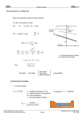 Hydraulique

Ecoulement uniforme
Dans un lit prismatique (profil en travers constant)
V = cste d’une section à l’autre
E.C.

S = cste

t = cste

∂H
=0
∂x

E.E. : charge H = cste

2

H= z + t +

V + h
R
2⋅g

V2
∂(
)
∂H
∂z
∂t
∂hR
2⋅g
=
+
+
+
= 0
∂x
∂x
∂x ∂x
∂x
J = pente de la ligne de charge
-Jo = pente du lit du canal
= -Jo + 0 + 0 + J = 0
D’où

Jo = J

Conclusion :

les 3 lignes

lit du canal
ligne d’eau
ligne de charge

sont parallèles.

Lois des pertes de charges :
1. Formule de Chézy :

V = c ⋅ J ⋅ RH

RH =

Ecole d’ingénieurs du Canton de Vaud
Environnement construit et Géoinformation

c = coefficient de Chézy [m1/2/s]
V = vitesse moyenne de l’écoulement
RH = rayon hydraulique
J = pente de la ligne de charge

13 (rugueux) < c < 120 (lisse)

Surface
périmètre mouillé

Page 46

WILDBOLZ Antoine, FORRE Fabien
06.01.2004

 