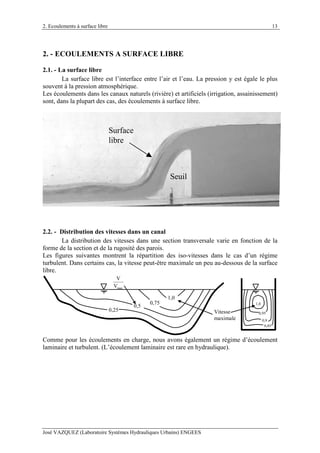 2. Ecoulements à surface libre
José VAZQUEZ (Laboratoire Systèmes Hydrauliques Urbains) ENGEES
13
2. - ECOULEMENTS A SURFACE LIBRE
2.1. - La surface libre
La surface libre est l’interface entre l’air et l’eau. La pression y est égale le plus
souvent à la pression atmosphérique.
Les écoulements dans les canaux naturels (rivière) et artificiels (irrigation, assainissement)
sont, dans la plupart des cas, des écoulements à surface libre.
Surface
libre
Seuil
2.2. - Distribution des vitesses dans un canal
La distribution des vitesses dans une section transversale varie en fonction de la
forme de la section et de la rugosité des parois.
Les figures suivantes montrent la répartition des iso-vitesses dans le cas d’un régime
turbulent. Dans certains cas, la vitesse peut-être maximale un peu au-dessous de la surface
libre.
0,25
0,5
0,75
1,0
0,85
0,95
1,0
0,9
Vitesse
maximale
max
V
V
Comme pour les écoulements en charge, nous avons également un régime d’écoulement
laminaire et turbulent. (L’écoulement laminaire est rare en hydraulique).
 