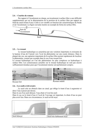 2. Ecoulements à surface libre
José VAZQUEZ (Laboratoire Systèmes Hydrauliques Urbains) ENGEES
15
2.4. - Courbes de remous
Par rapport à l’écoulement en charge, un écoulement à surface libre a une difficulté
supplémentaire qui est la détermination de la position de la surface libre par rapport au
fond du canal (tirant d’eau). Celle-ci est variable en fonction des caractéristiques du fluide
et de l’écoulement. La figure suivante montre un exemple de forme de surface libre.
Sens de
l’écoulement
Seuil
2.5. - Le ressaut
Le ressaut hydraulique se caractérise par une variation importante et croissante de
la hauteur d’eau de l’amont vers l’aval du phénomène sur une courte distance. Dans la
plupart des cas, une agitation importante de la surface libre permet rapidement de localiser
le phénomène, comme par exemple dans le cas d’une ressaut fort.
Le ressaut hydraulique est l’un des phénomènes les plus complexes en hydraulique à
surface libre. Les connaissances actuelles sur le ressaut hydraulique ne sont pas encore
suffisamment étendues pour que l’écoulement interne soit parfaitement compris.
Sens de l’écoulement
Ressaut fort
Sens de l’écoulement
Ressaut ondulé
2.6. - Les seuils et déversoirs
Le seuil crée un obstacle dans un canal, qui oblige le tirant d’eau à augmenter et
donc l’eau à passer par dessus.
Dans le cas d’un seuil dénoyé, l’eau chute à l’aval du seuil.
Dans le cas ou le tirant d’eau à l’aval de l’ouvrage est important, la chute d’eau ne peut
plus avoir lieu. Dans ces circonstances, le seuil est dit noyé.
Seuil dénoyé Seuil très faiblement noyé
 
